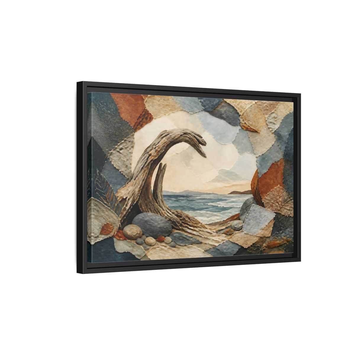Side Mockup 3. Driftwood Arch Seascape shown as framed canvas print