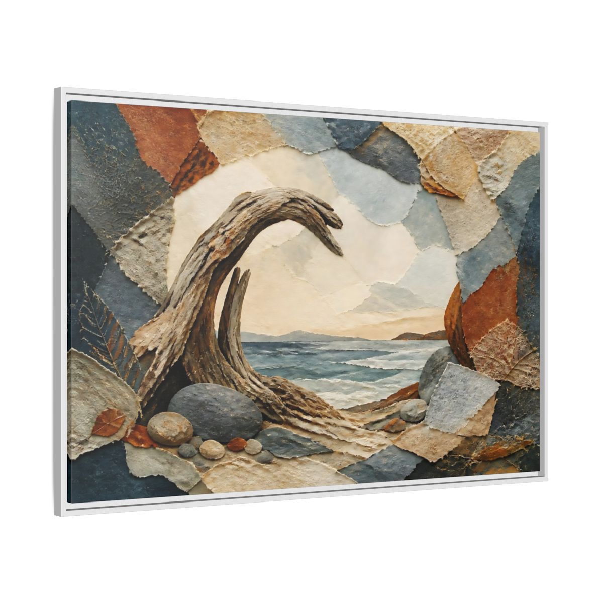 Side Mockup 7. Driftwood Arch Seascape shown as framed canvas print