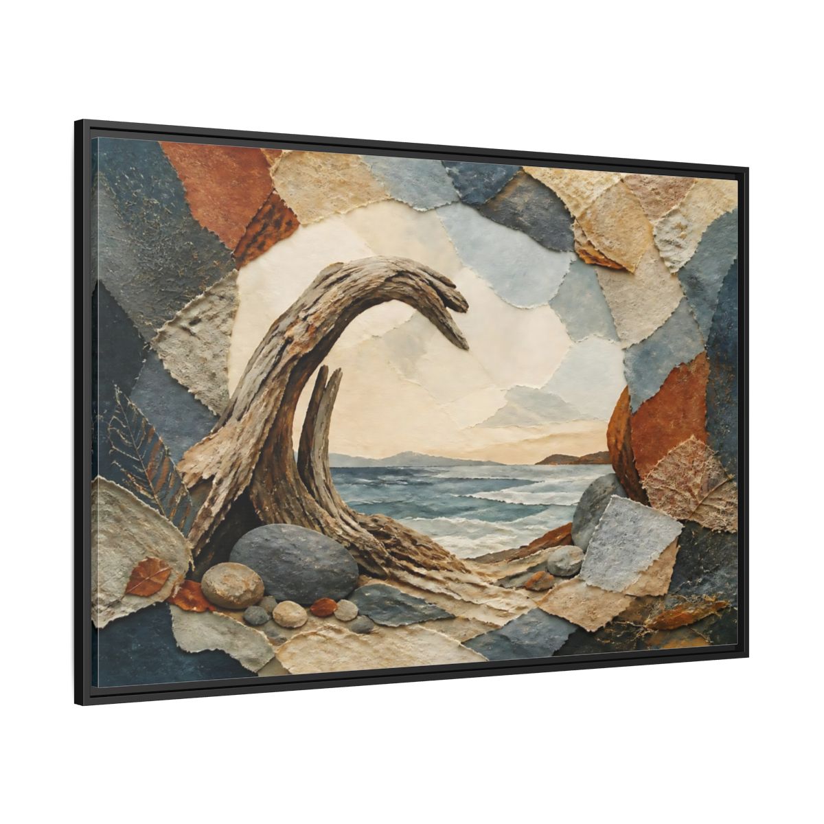 Side Mockup 12. Driftwood Arch Seascape shown as framed canvas print