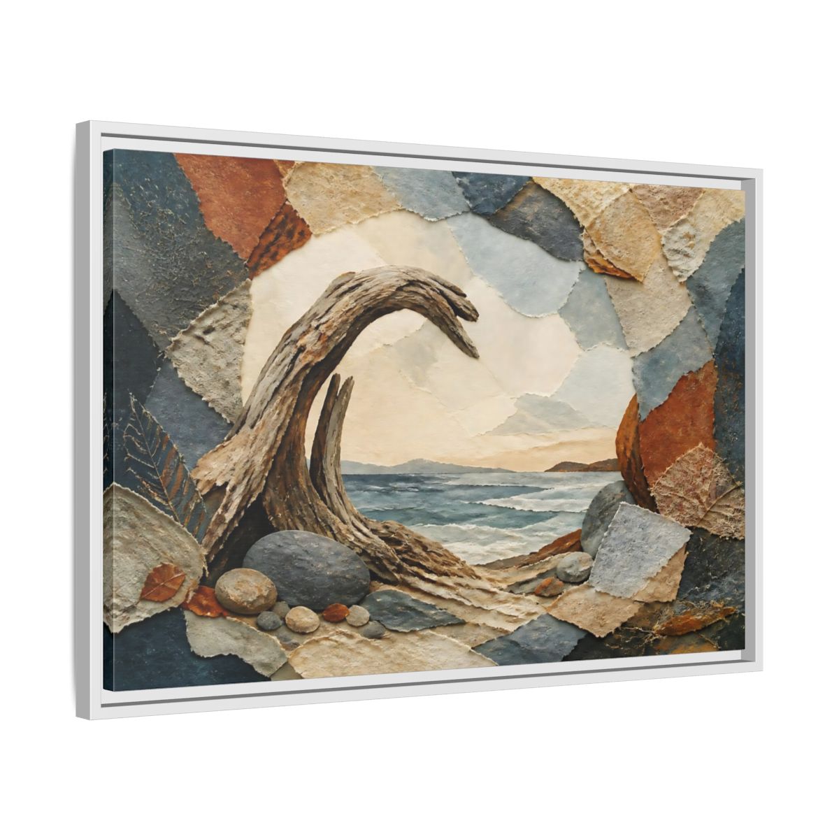 Side Mockup 10. Driftwood Arch Seascape shown as framed canvas print