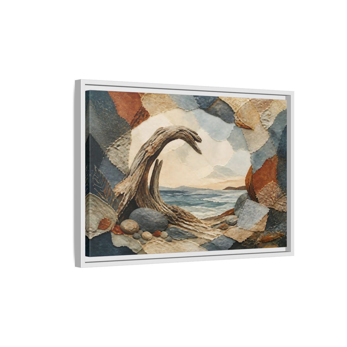 Side Mockup 1. Driftwood Arch Seascape shown as framed canvas print