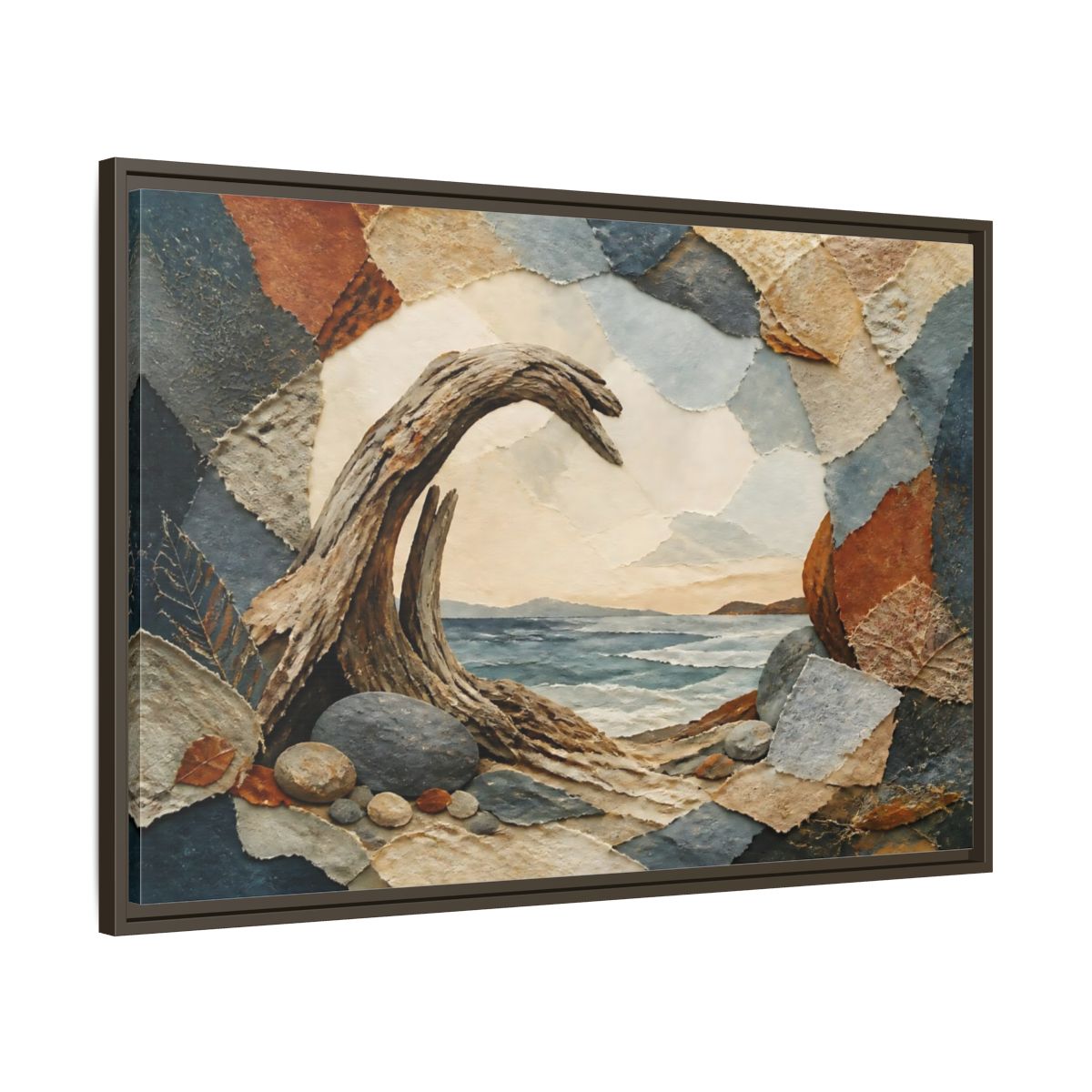 Main Mockup. Driftwood Arch Seascape shown as framed canvas print