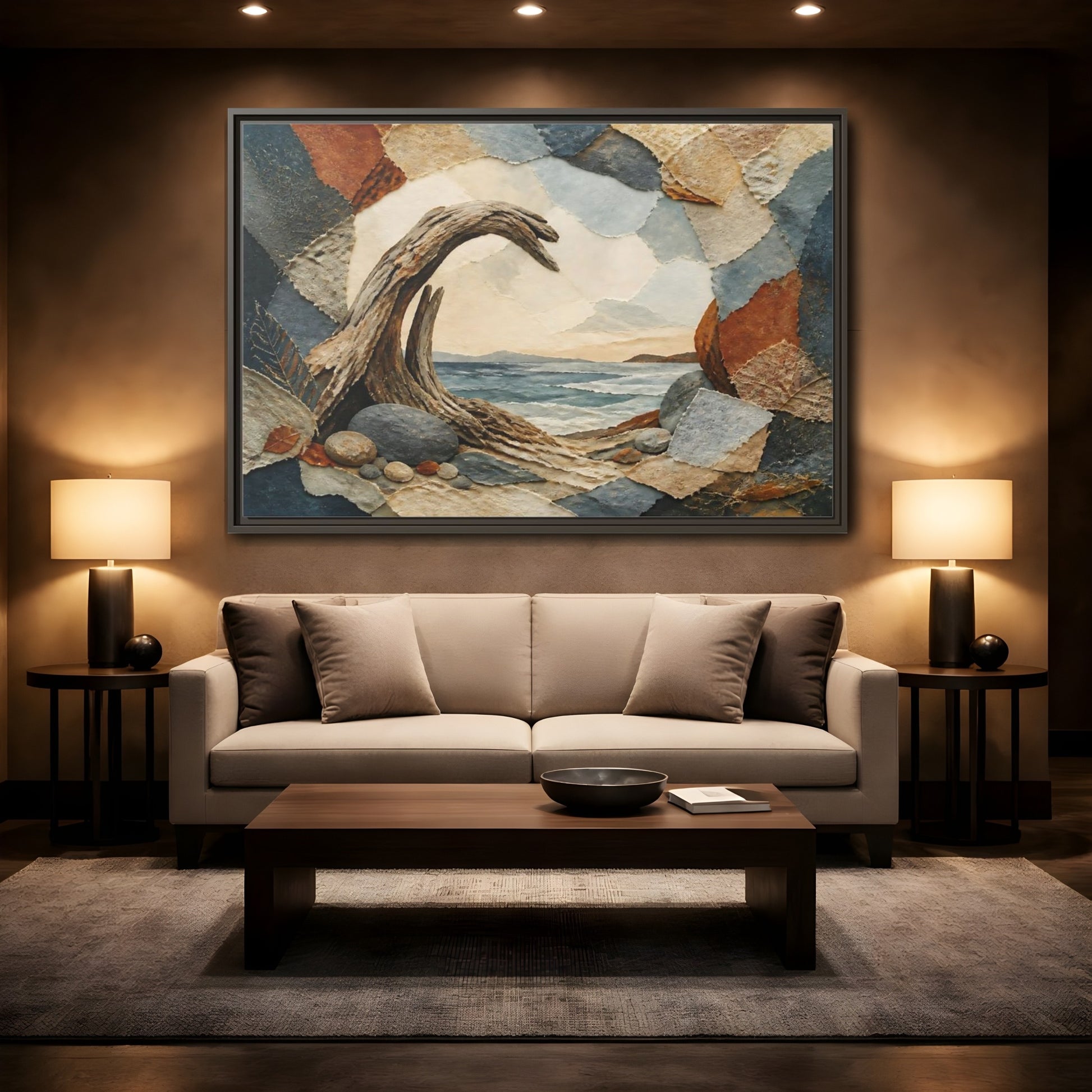 Mockup 2. Driftwood Arch Seascape shown as framed canvas print