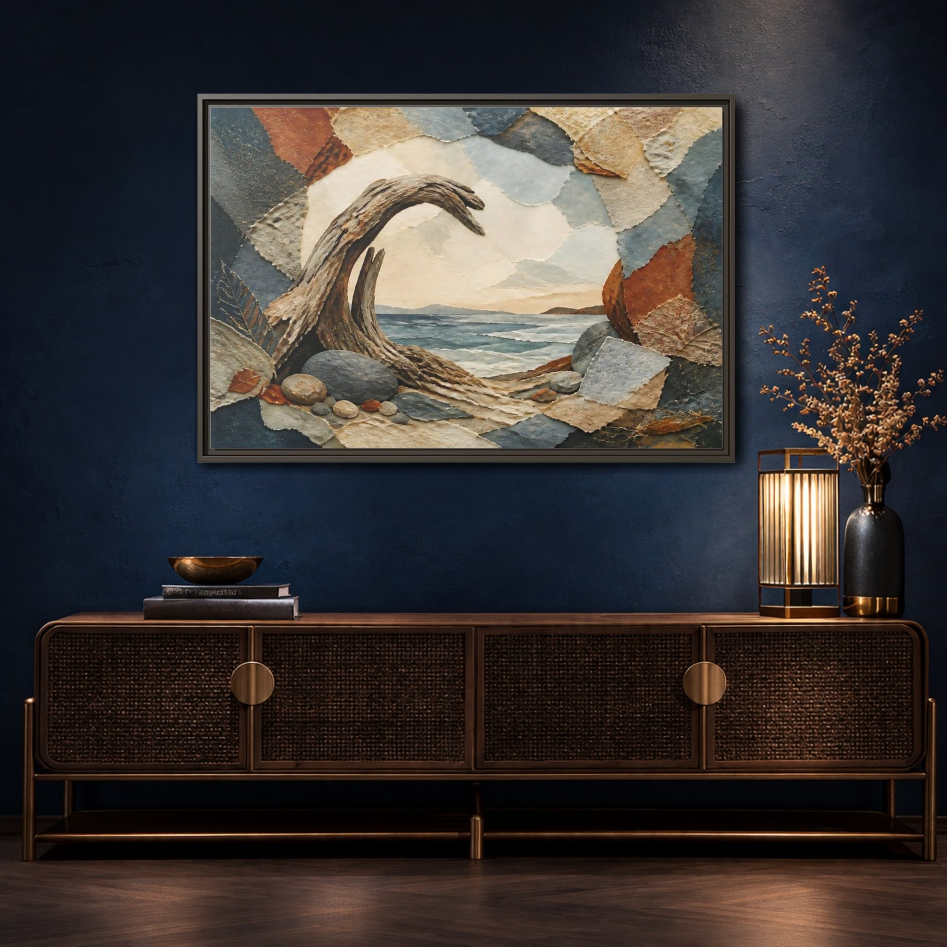 Mockup 4. Driftwood Arch Seascape shown as framed canvas print