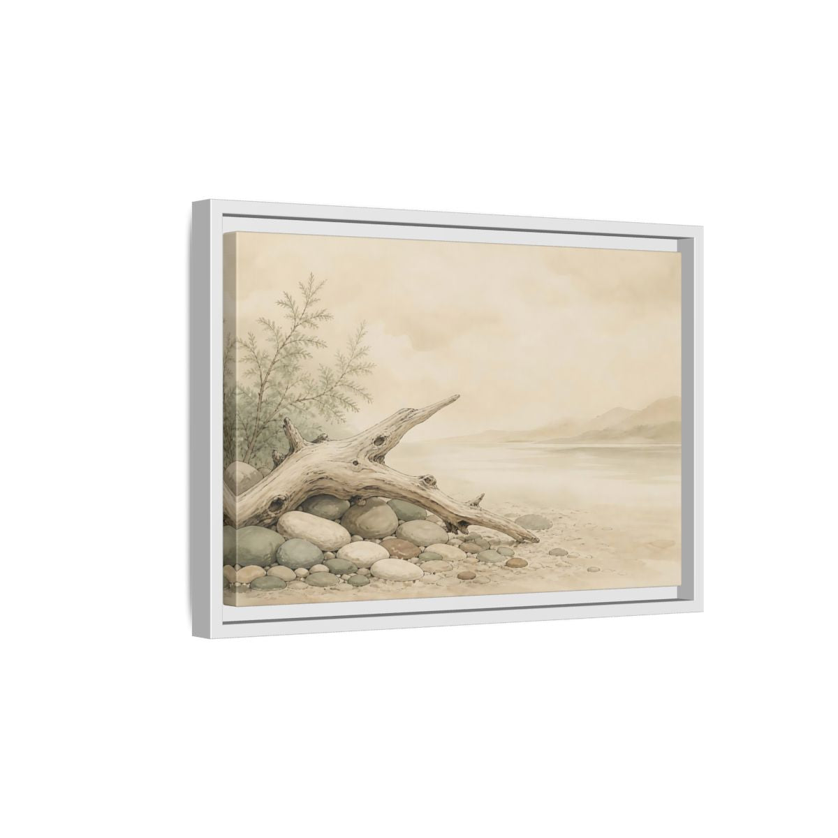 Side Mockup 4. Driftwood By The Shore shown as framed canvas print