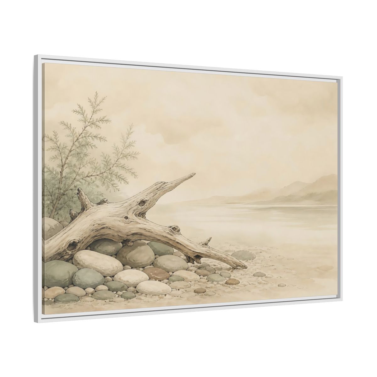 Side Mockup 7. Driftwood By The Shore shown as framed canvas print