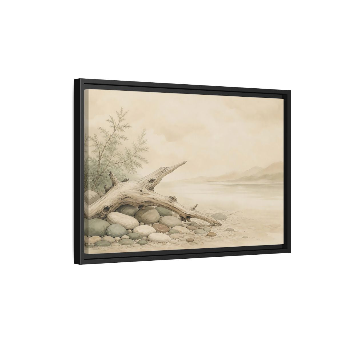 Side Mockup 3. Driftwood By The Shore shown as framed canvas print