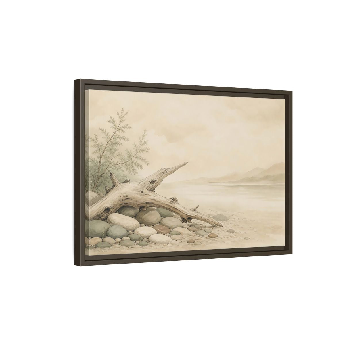 Side Mockup 2. Driftwood By The Shore shown as framed canvas print