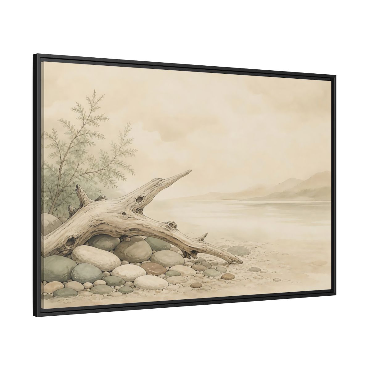 Side Mockup 12. Driftwood By The Shore shown as framed canvas print