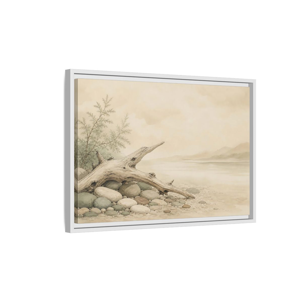 Side Mockup 1. Driftwood By The Shore shown as framed canvas print