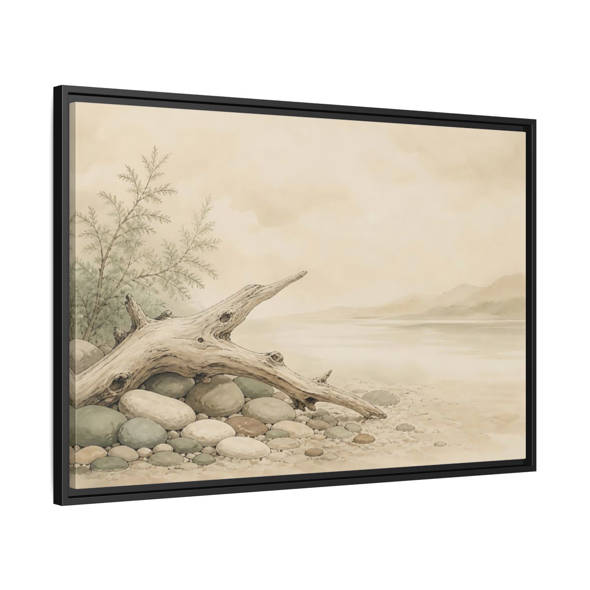 Side Mockup 13. Driftwood By The Shore shown as framed canvas print