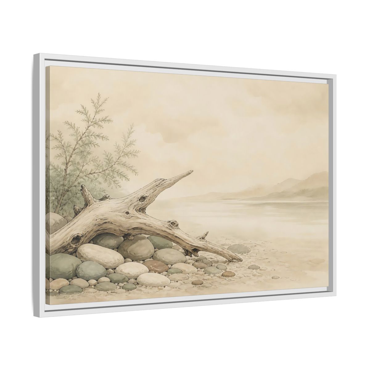Side Mockup 10. Driftwood By The Shore shown as framed canvas print