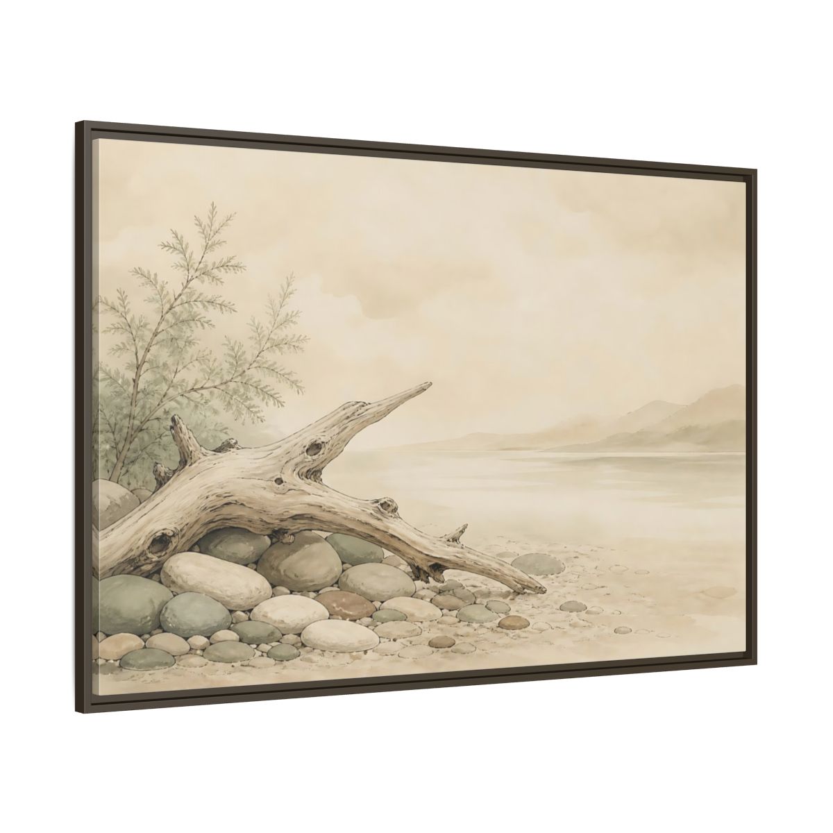 Side Mockup 8. Driftwood By The Shore shown as framed canvas print