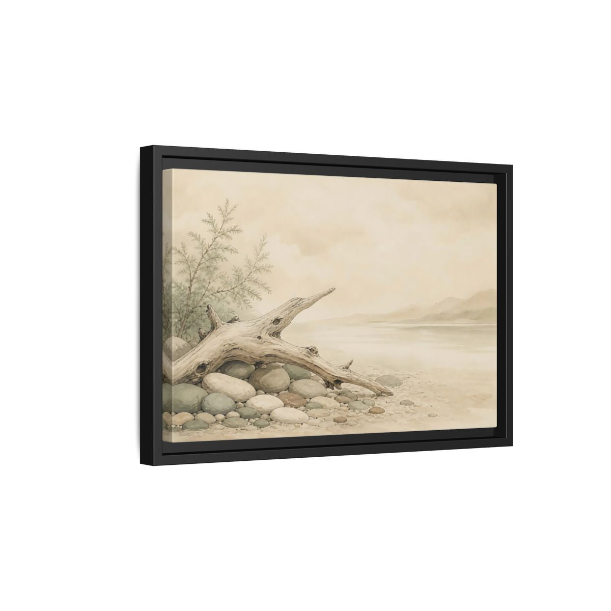 Side Mockup 6. Driftwood By The Shore shown as framed canvas print