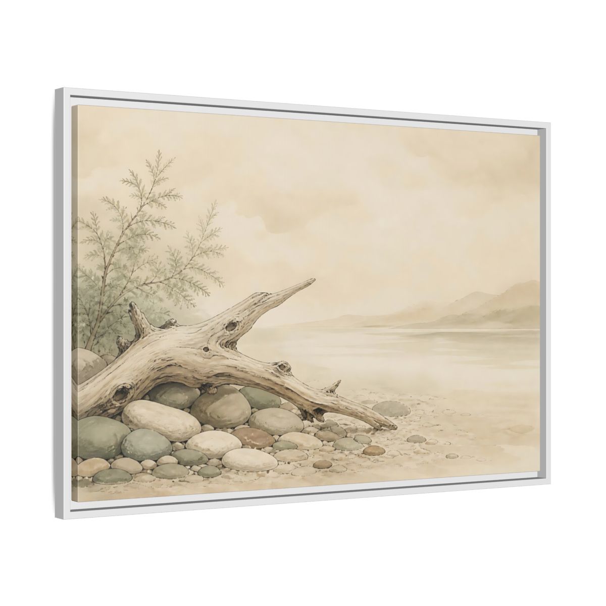 Side Mockup 9. Driftwood By The Shore shown as framed canvas print