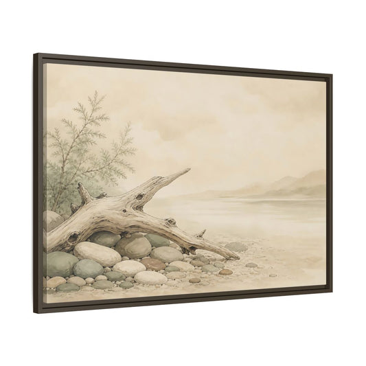 Main Mockup. Driftwood By The Shore shown as framed canvas print
