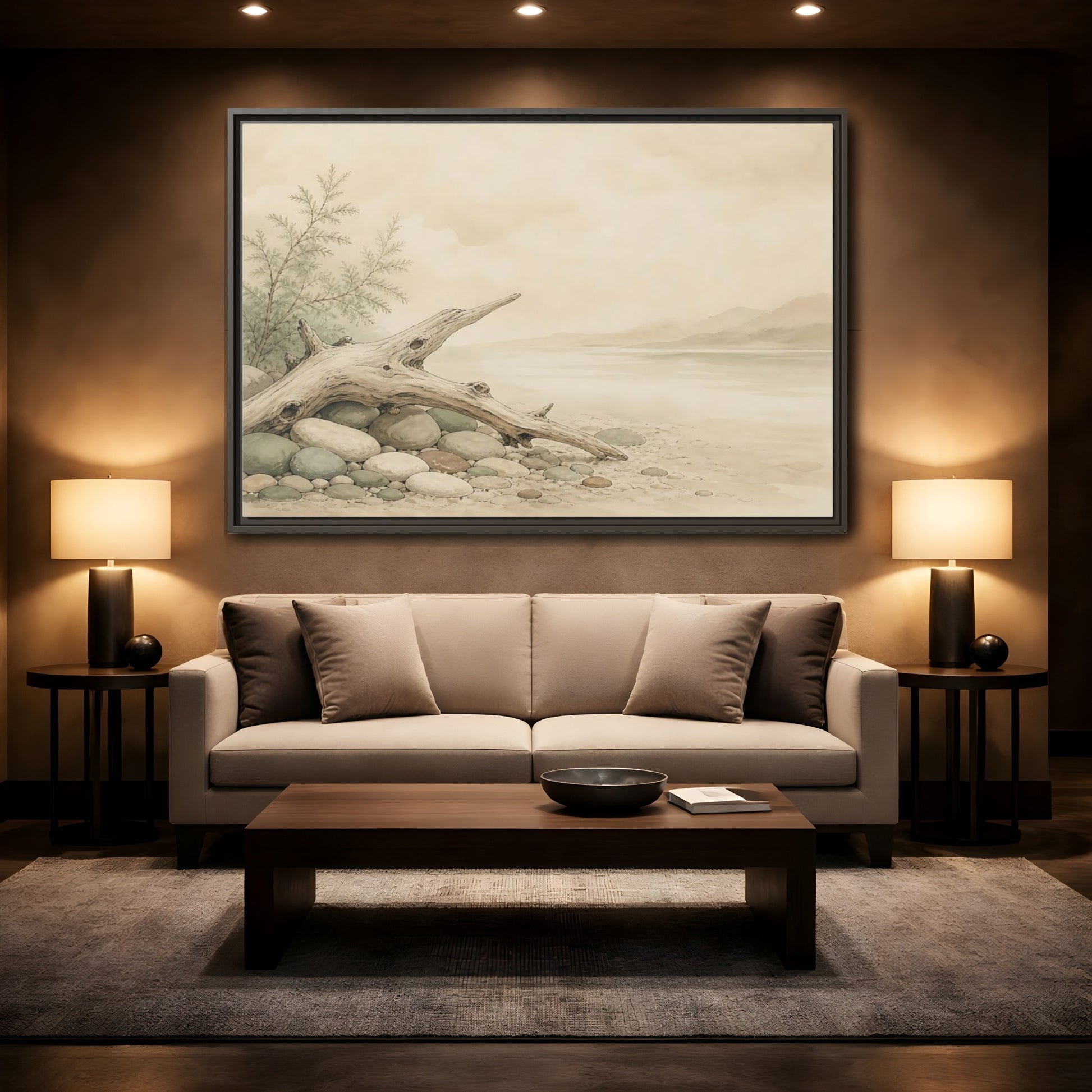 Mockup 2. Driftwood By The Shore shown as framed canvas print