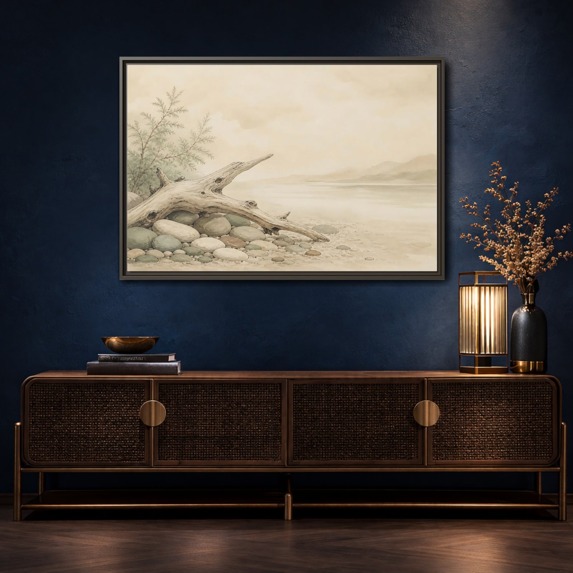 Mockup 4. Driftwood By The Shore shown as framed canvas print