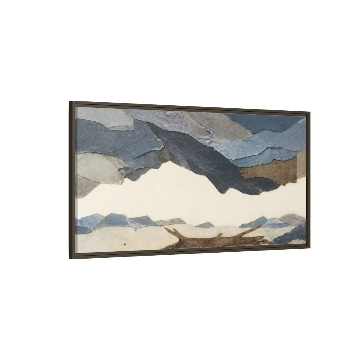 Side Mockup 4. Driftwood On Pale Shore shown as framed canvas print
