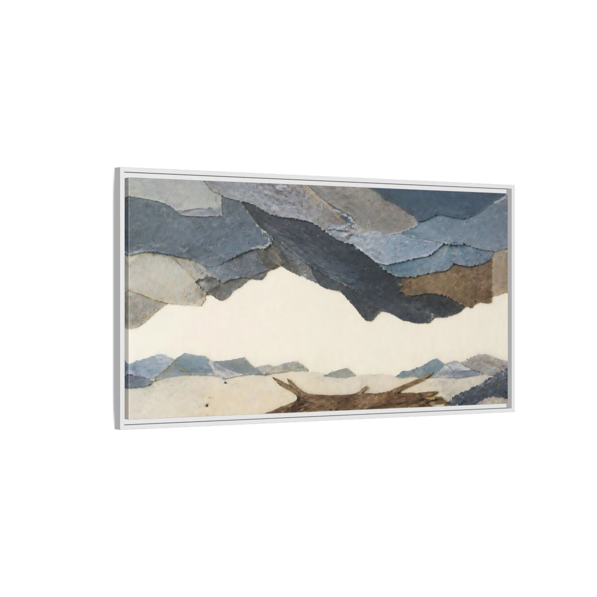 Side Mockup 3. Driftwood On Pale Shore shown as framed canvas print