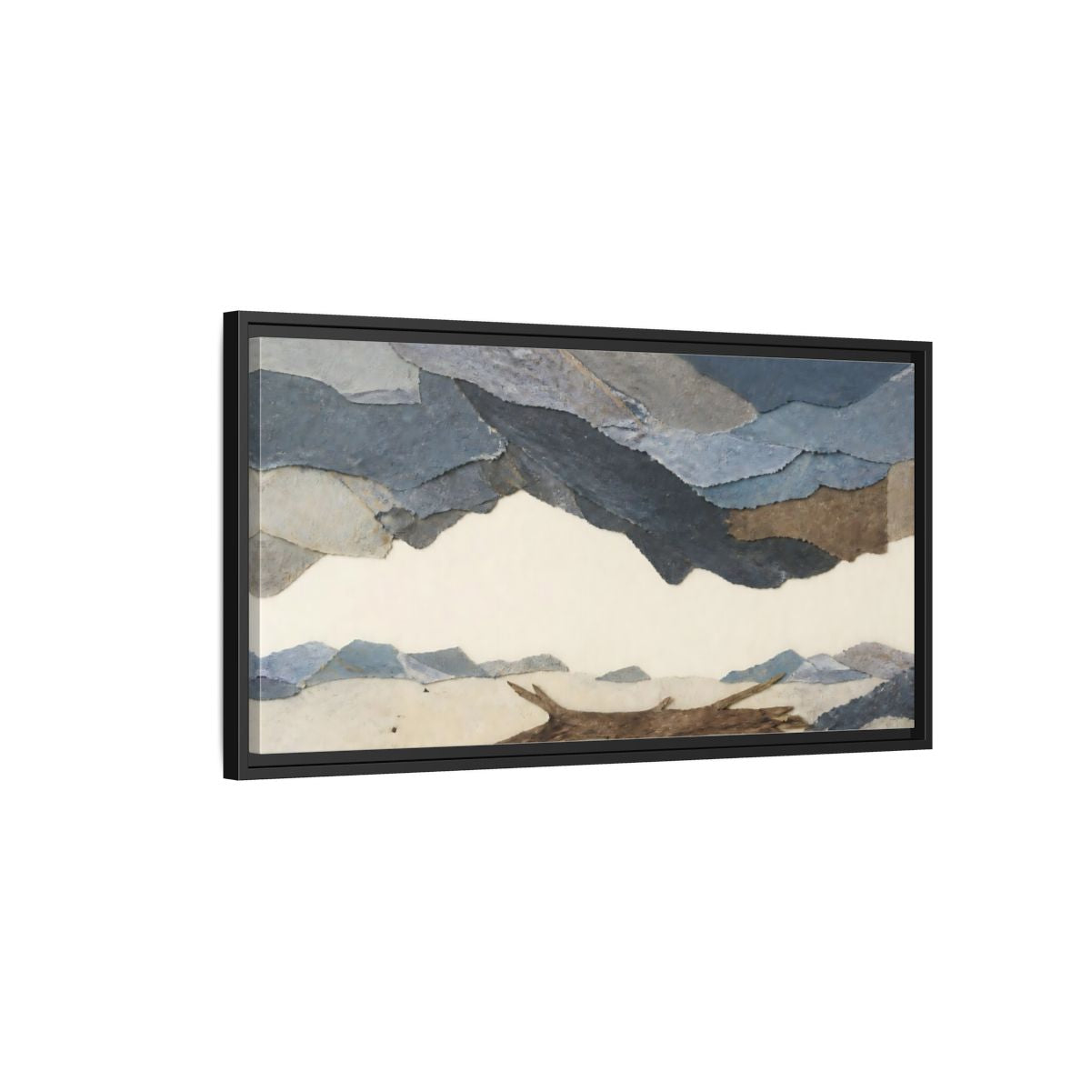 Side Mockup 2. Driftwood On Pale Shore shown as framed canvas print