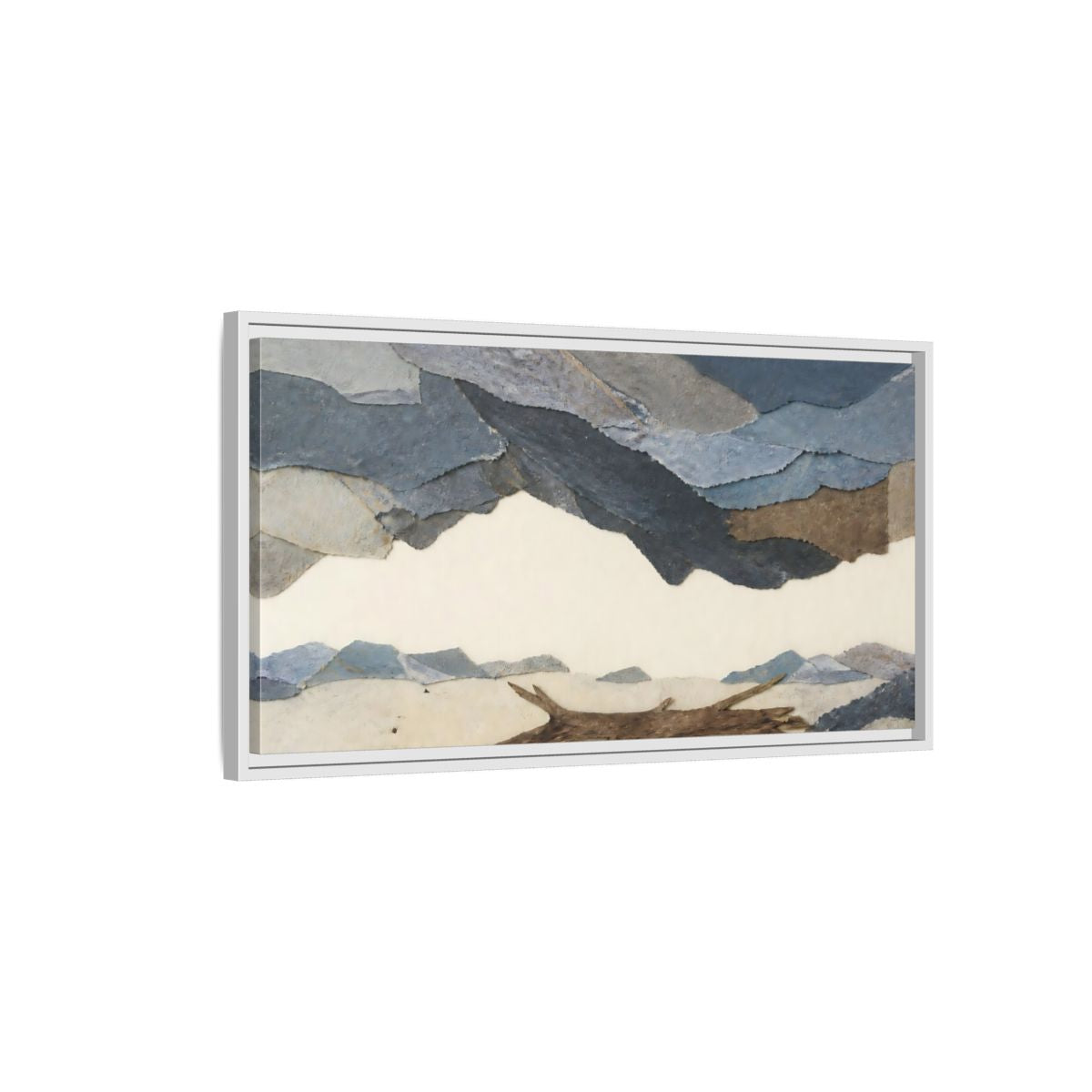 Side Mockup 1. Driftwood On Pale Shore shown as framed canvas print
