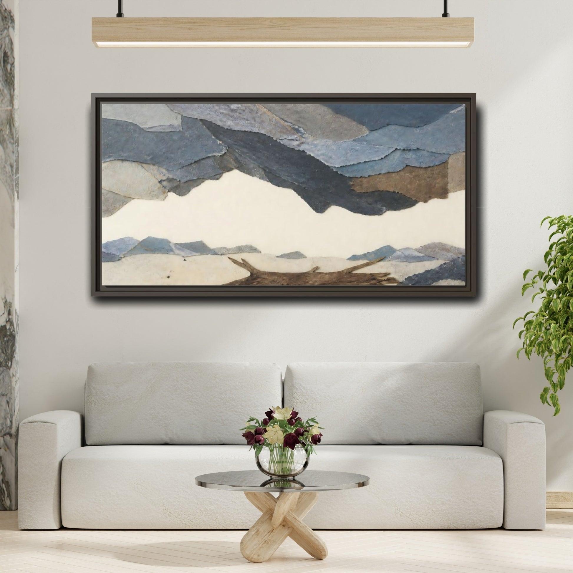 Mockup 2. Driftwood On Pale Shore shown as framed canvas print