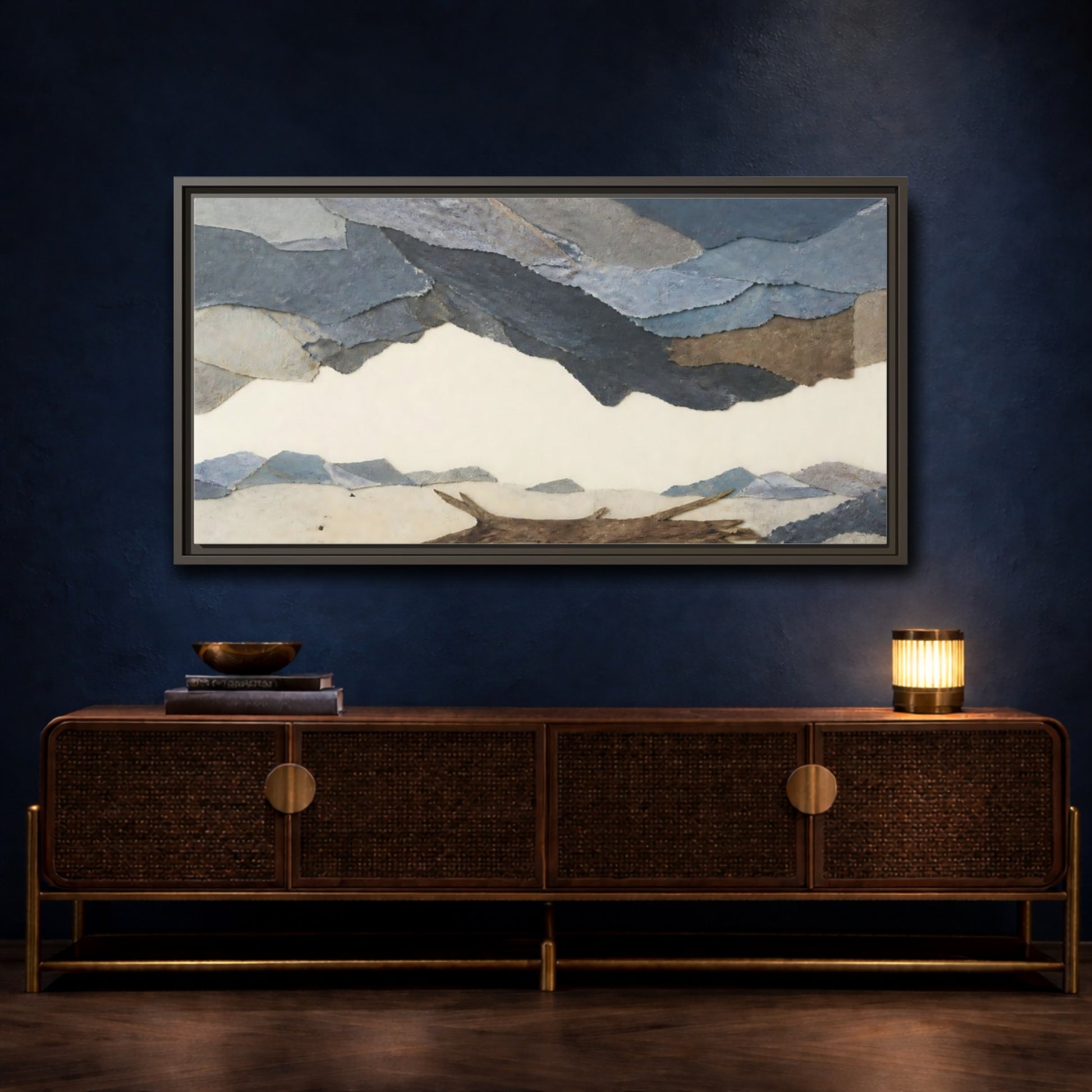 Mockup 4. Driftwood On Pale Shore shown as framed canvas print