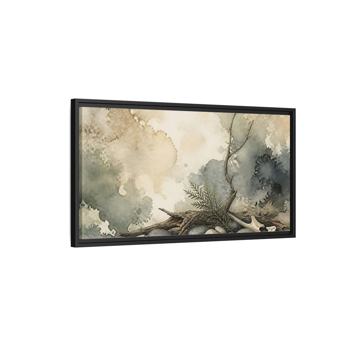 Side Mockup 2. Driftwood On Pebbles shown as framed canvas print