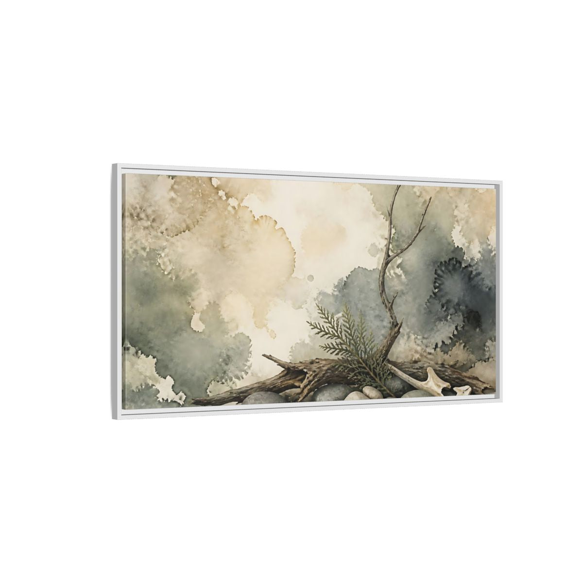 Side Mockup 3. Driftwood On Pebbles shown as framed canvas print