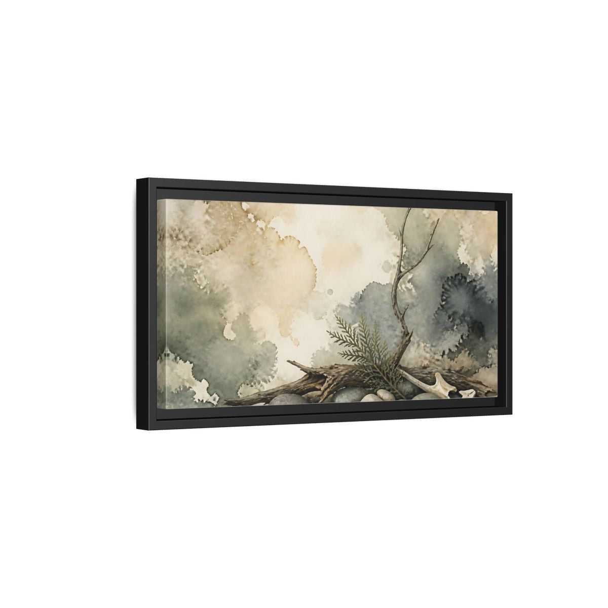 Side Mockup 8. Driftwood On Pebbles shown as framed canvas print