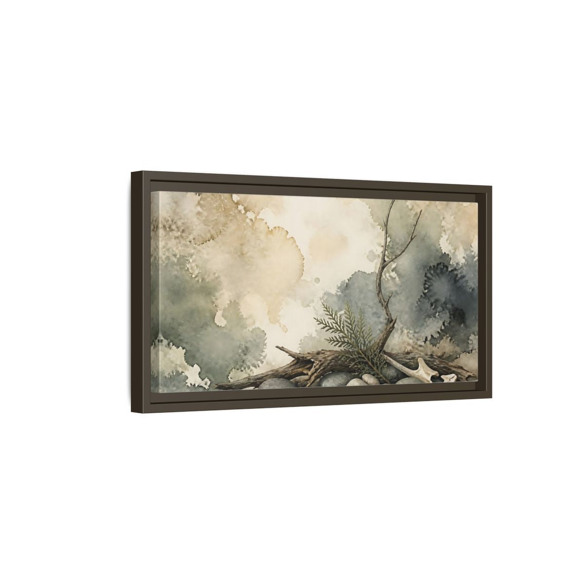 Side Mockup 7. Driftwood On Pebbles shown as framed canvas print