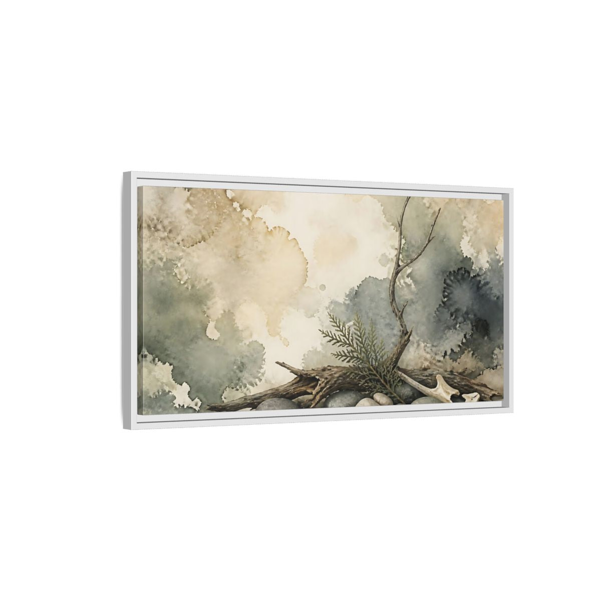 Side Mockup 1. Driftwood On Pebbles shown as framed canvas print