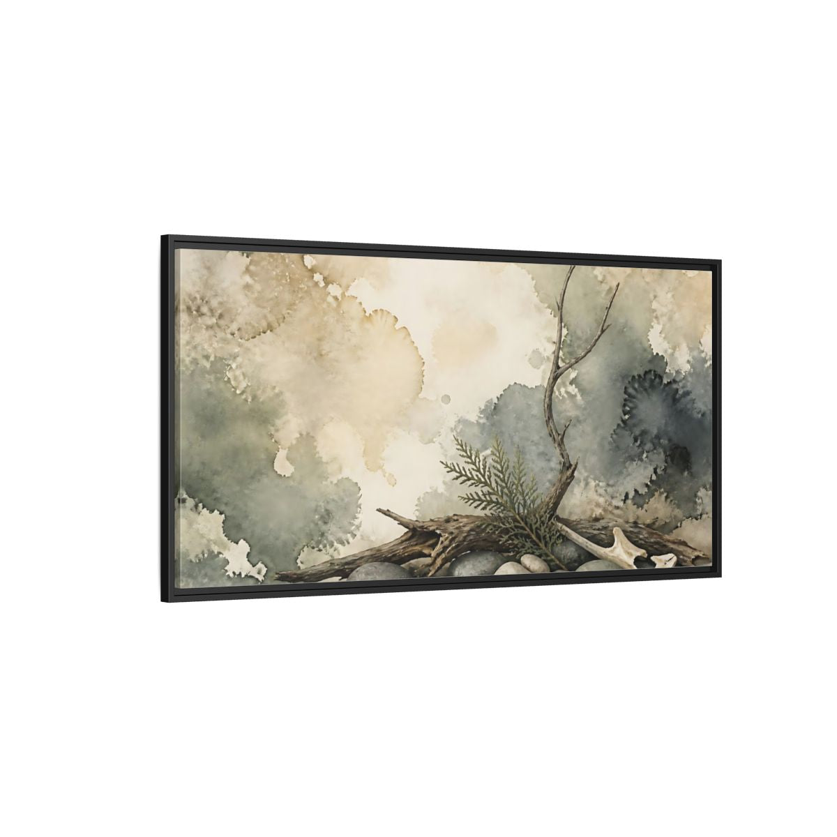 Side Mockup 5. Driftwood On Pebbles shown as framed canvas print