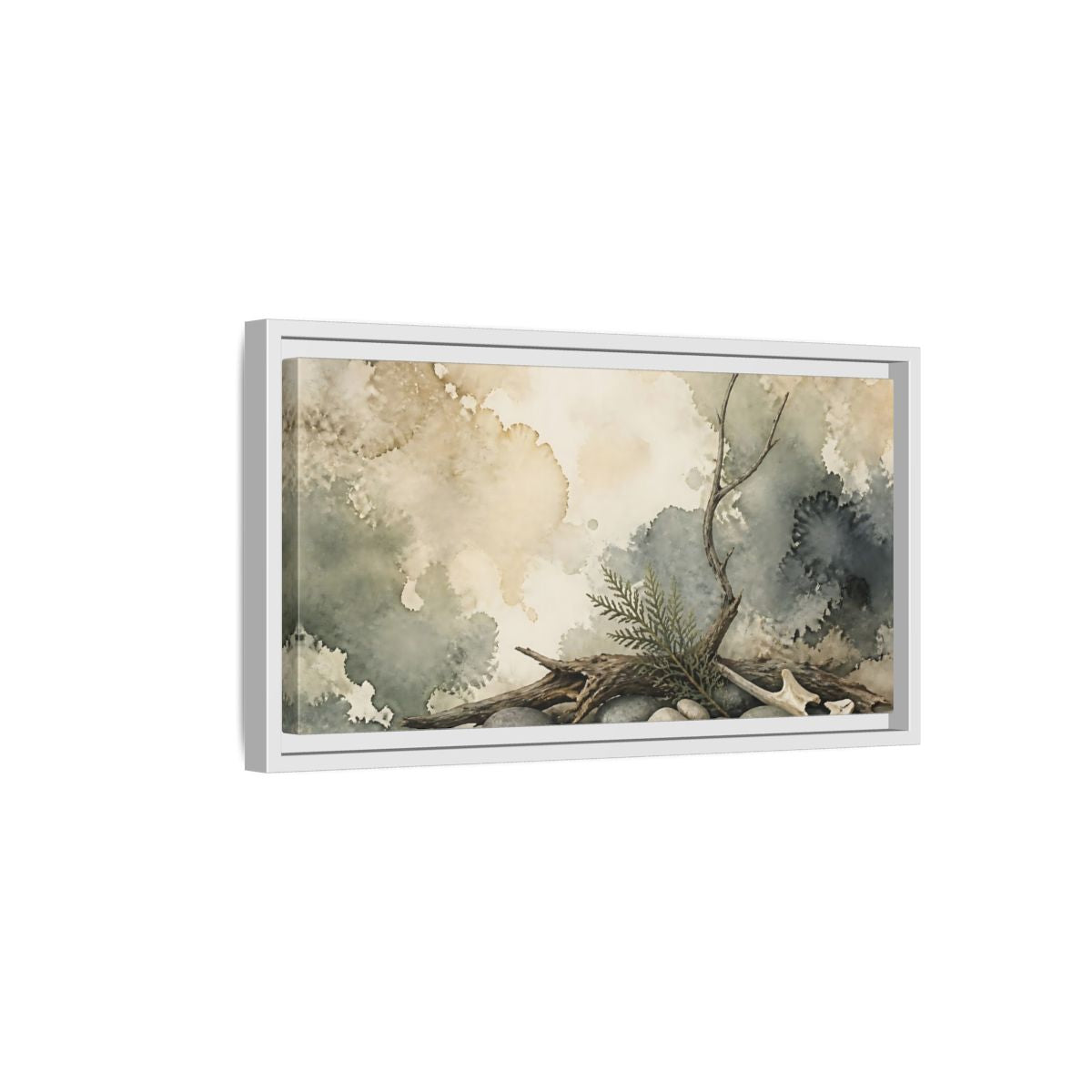 Side Mockup 6. Driftwood On Pebbles shown as framed canvas print