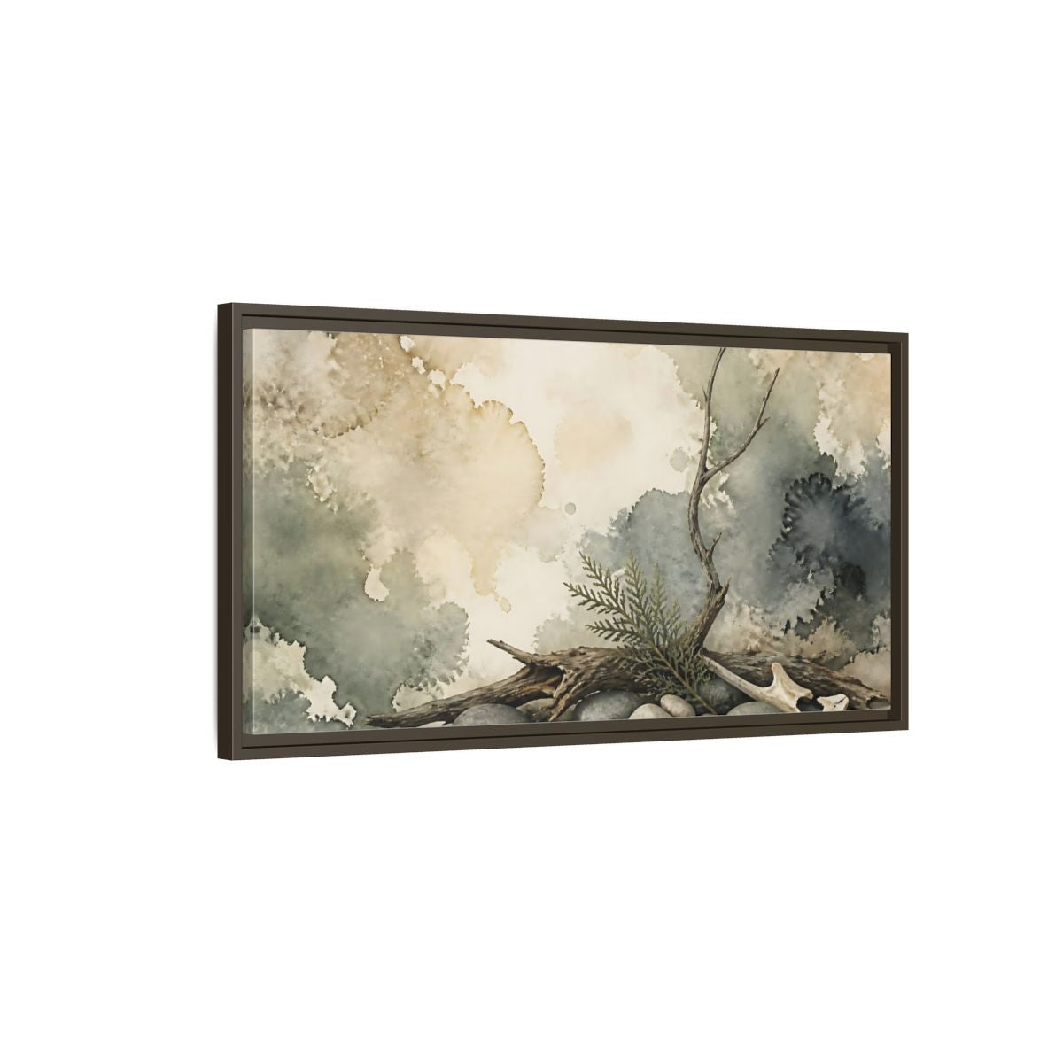 Main Mockup. Driftwood On Pebbles shown as framed canvas print