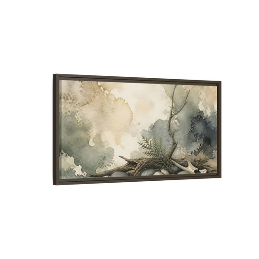 Main Mockup. Driftwood On Pebbles shown as framed canvas print