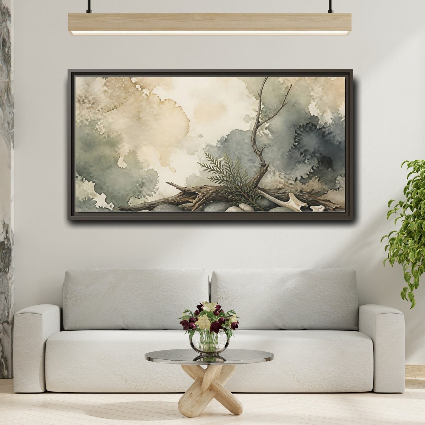 Mockup 2. Driftwood On Pebbles shown as framed canvas print