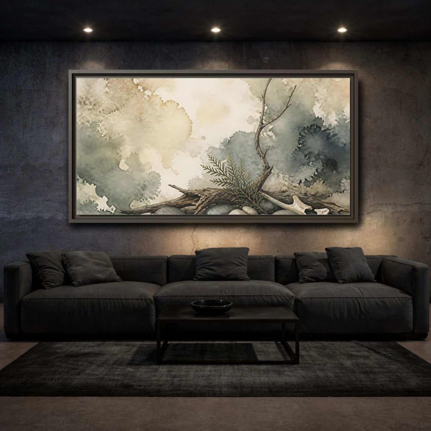 Mockup 3. Driftwood On Pebbles shown as framed canvas print