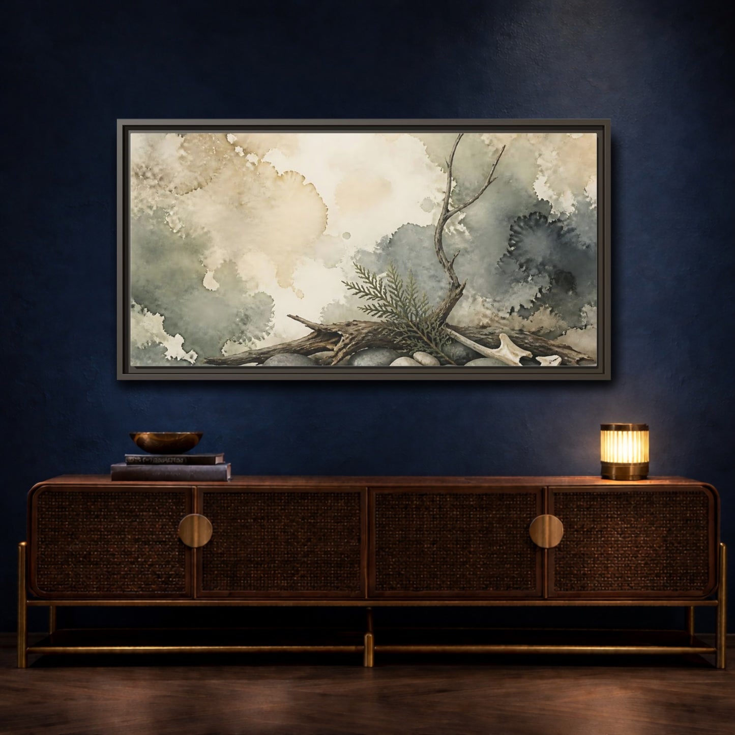 Mockup 4. Driftwood On Pebbles shown as framed canvas print