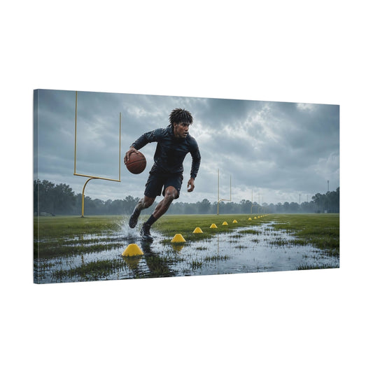 Main Mockup. Drills In The Rain shown as canvas print