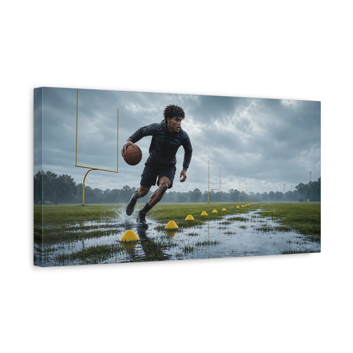 Side Mockup 3. Drills In The Rain shown as canvas print