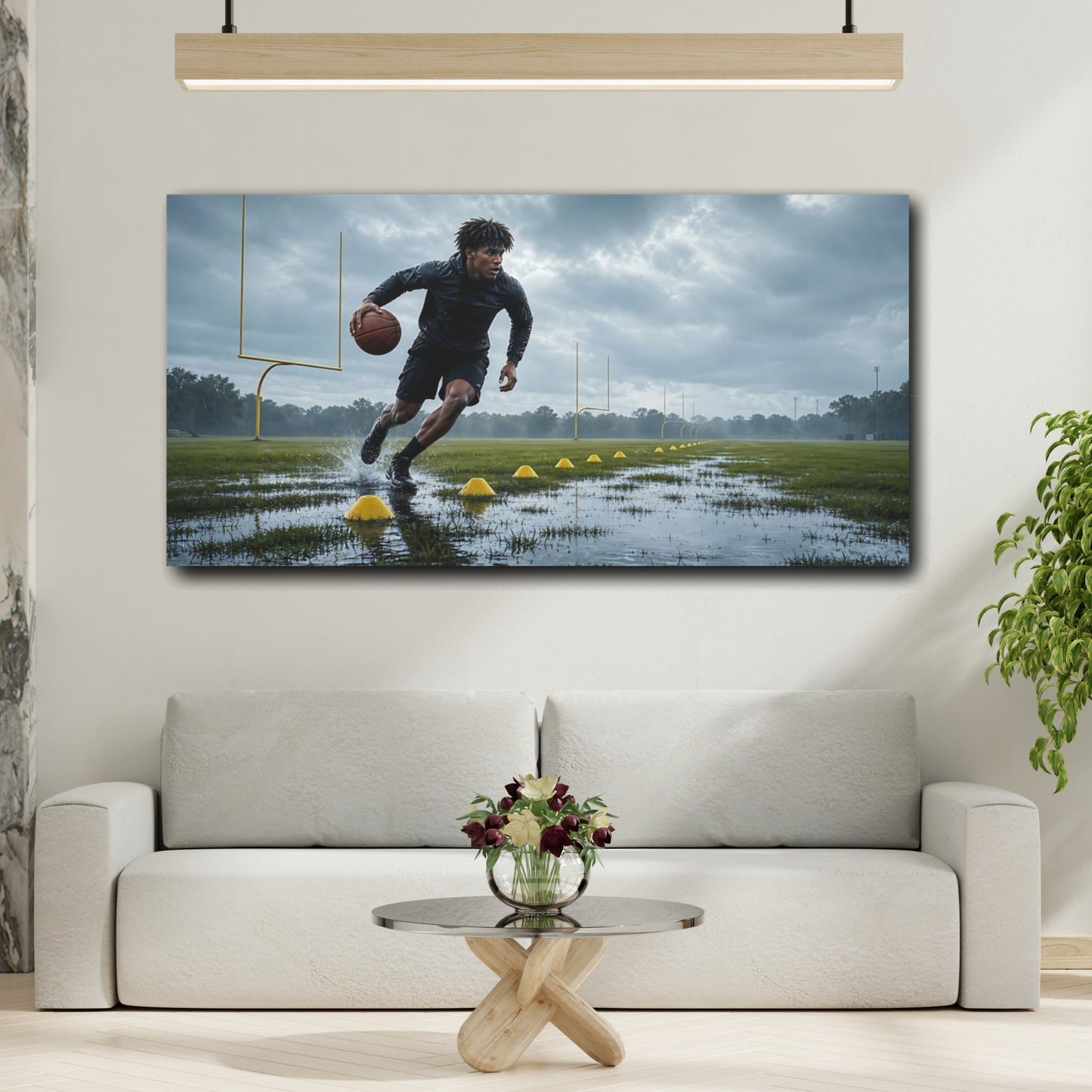 Mockup 2. Drills In The Rain shown as canvas print