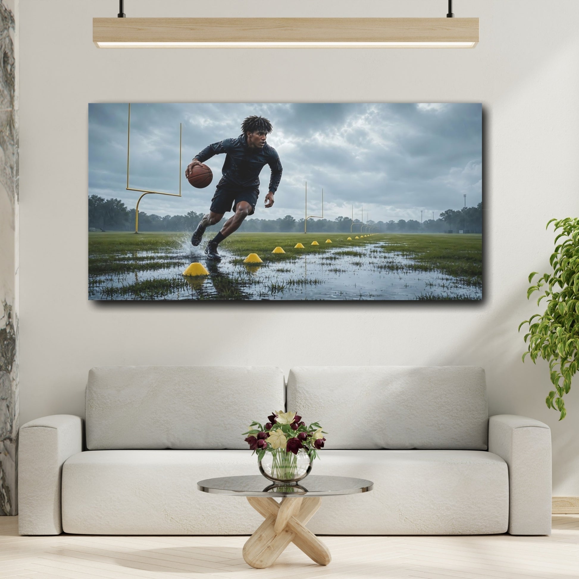 Mockup 2. Drills In The Rain shown as canvas print