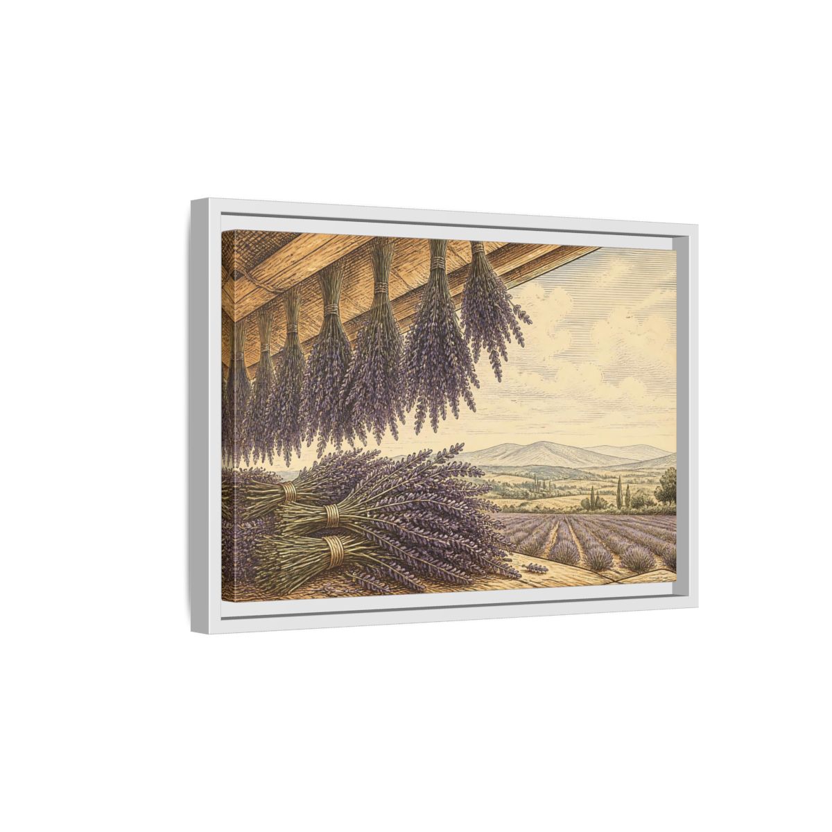 Side Mockup 4. Drying Lavender Bundles shown as framed canvas print