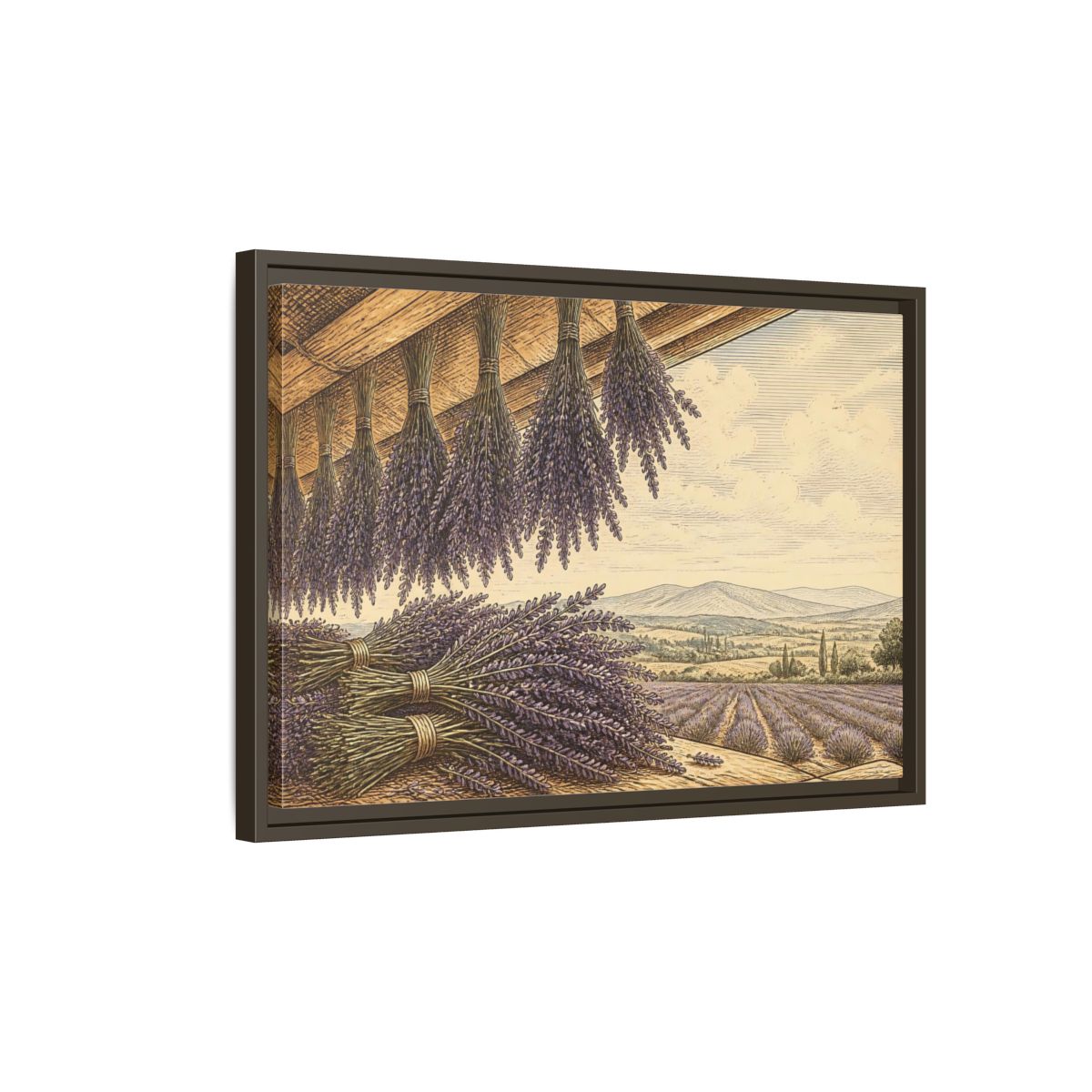Side Mockup 2. Drying Lavender Bundles shown as framed canvas print