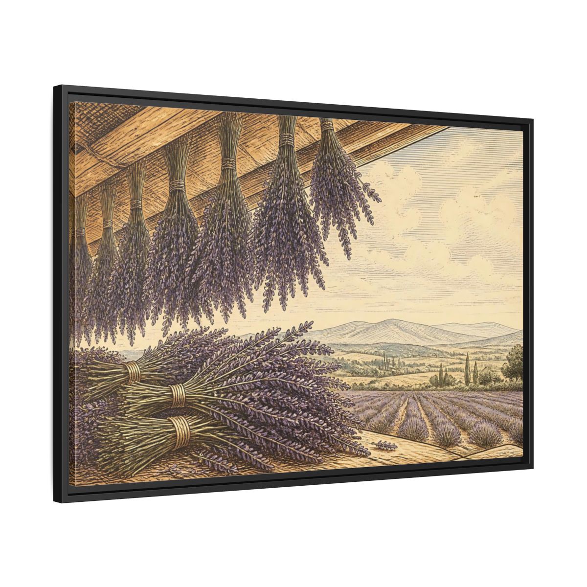 Side Mockup 13. Drying Lavender Bundles shown as framed canvas print