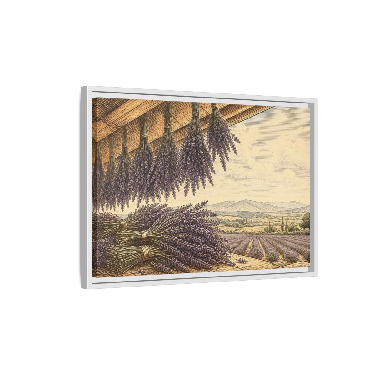 Side Mockup 1. Drying Lavender Bundles shown as framed canvas print