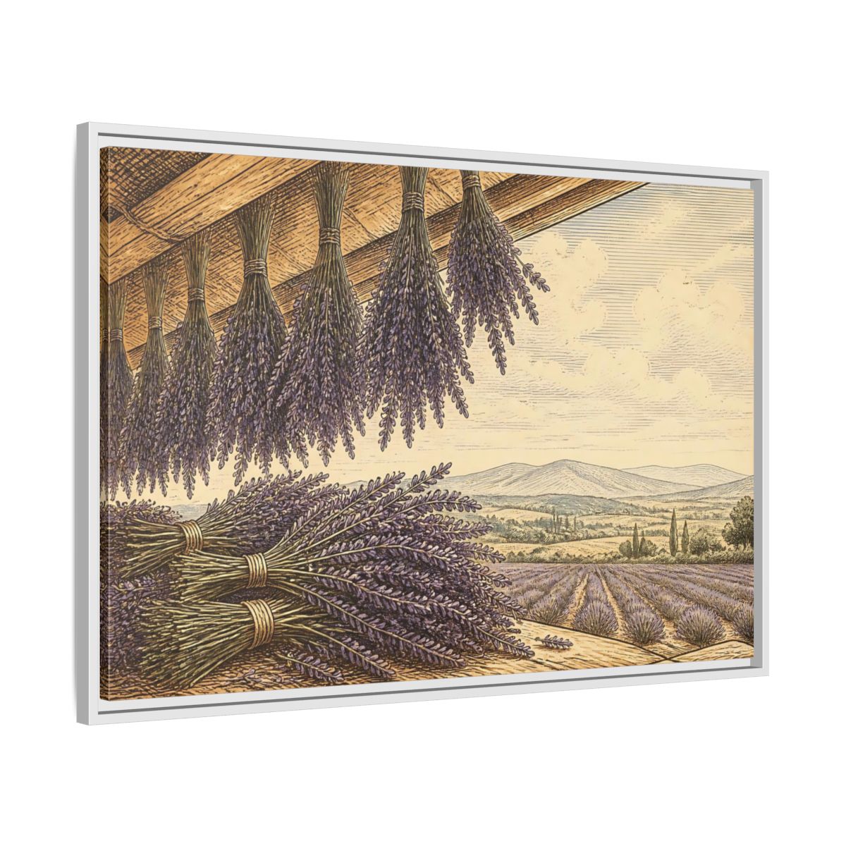 Side Mockup 9. Drying Lavender Bundles shown as framed canvas print