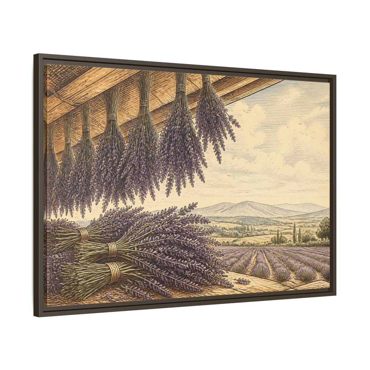Main Mockup. Drying Lavender Bundles shown as framed canvas print